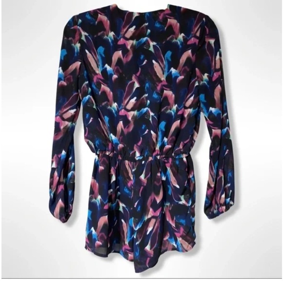 Luca Couture Watercolor Low Cut Sheer Arm Romper - Picture 4 of 15